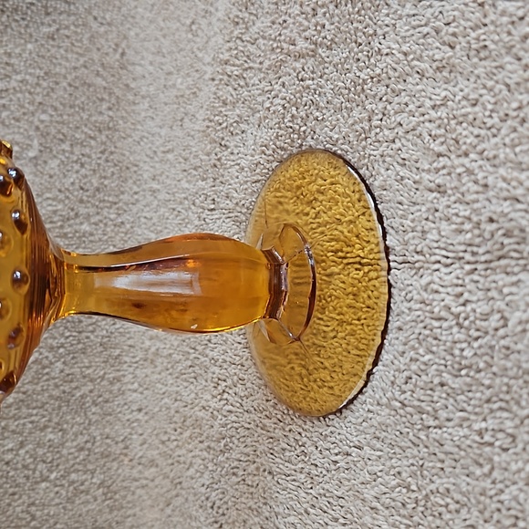 Fenton Vtg Amber Glass Pedestal Compote Dish Hobnail Pattern Ruffled Edge T11 - Picture 4 of 6